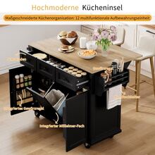 Kitchen Island With Wheels, Removable Dining Area, Kitchen Island With Bin And Drawers, Mobile Kitchen Island, Ideal For Kitchen And Dining Room (Black). - Black - View 3