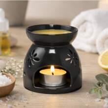 Modern Black Ceramic Wax Burner With Decorative Flower Cutouts - 1PC - View 3