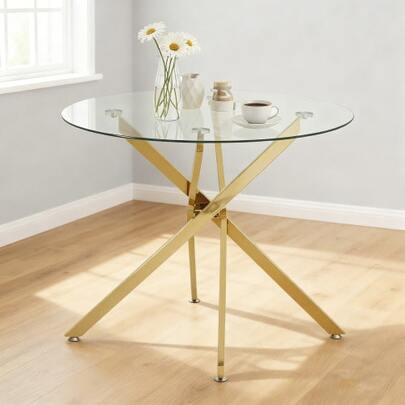 Okrągły stół jadalny, blat ze szkła hartowanego, złote nogi, może służyć jako stolik kawowy, stół jadalny w nowoczesnym i minimalistycznym stylu, wymiary: 80*80*76 cm