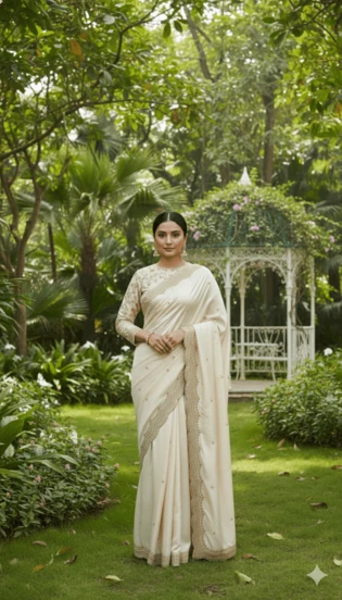 Estationeryhouse Chiffon Crepe Saree With Heavy Embroidery On Long Sleeve Blouse, Gold Stone And Sequence Work On Border