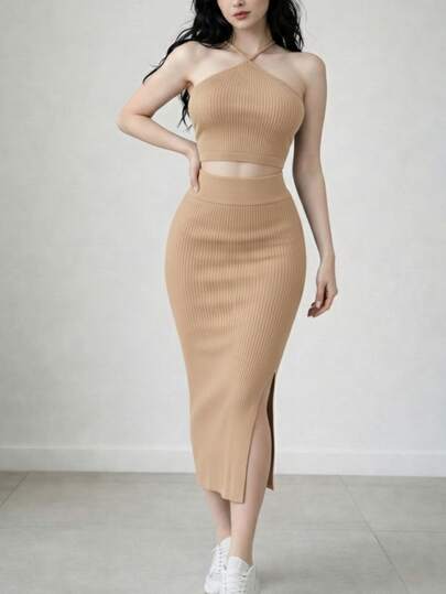 Conjunto de 2 piezas, top halter de punto, espalda descubierta, tirantes ajustables y falda con abertura en la pierna, vestido de punto Casual ajustado espalda descubierta con Strech para Mujer