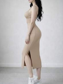 Conjunto de 2 piezas, top halter de punto, espalda descubierta, tirantes ajustables y falda con abertura en la pierna, vestido de punto Casual ajustado espalda descubierta con Strech para Mujer - Beis - Ver 2