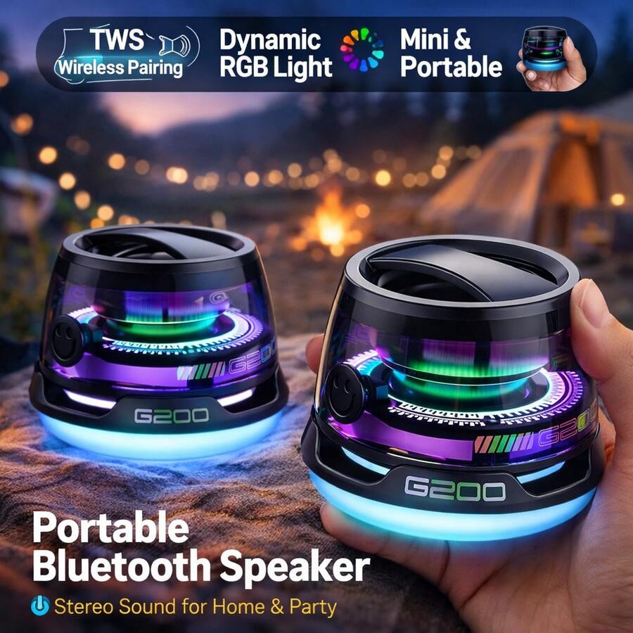 Portable Mini Bluetooth Speaker G200, Colorful LED Light, TWS Wireless Pairing, Compact Sound Box For Party, Camping, Room Decor - View 1