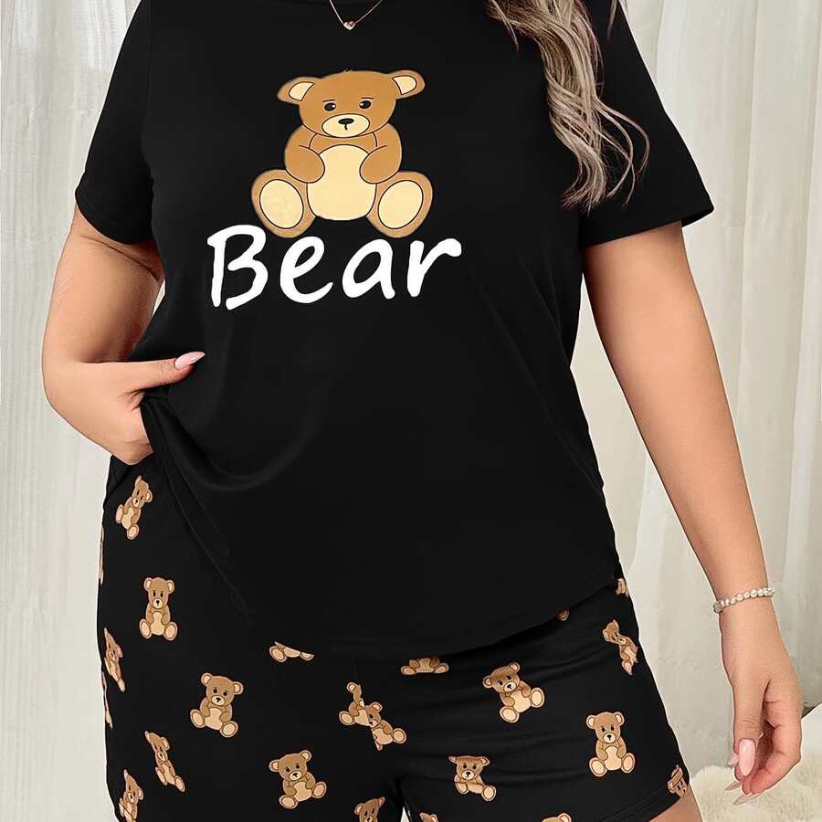 2pcs Women'S Plus Size Cartoon Bear Print Pajama Set Casual Short Sleeve Top & Pants With Slight Stretch Fabric, All Season.Png - 黑色 - 查看 1