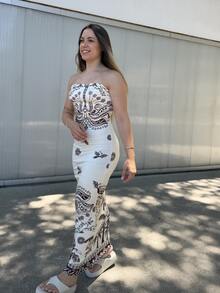 Women's Strapless Long Dress With Print In Premium Supplex Fabric – Perfect Fit, Shapes The Body - 鏽棕色 - 查看 2