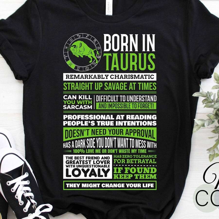 [Taurus Zodiac T-Shirt] Astrological Zodiac Taurus Traits Graphic T-Shirt  Born April 20 - May 20 Gifts, Birthday Present For Dad Mom.Png - màu đen - Xem 1