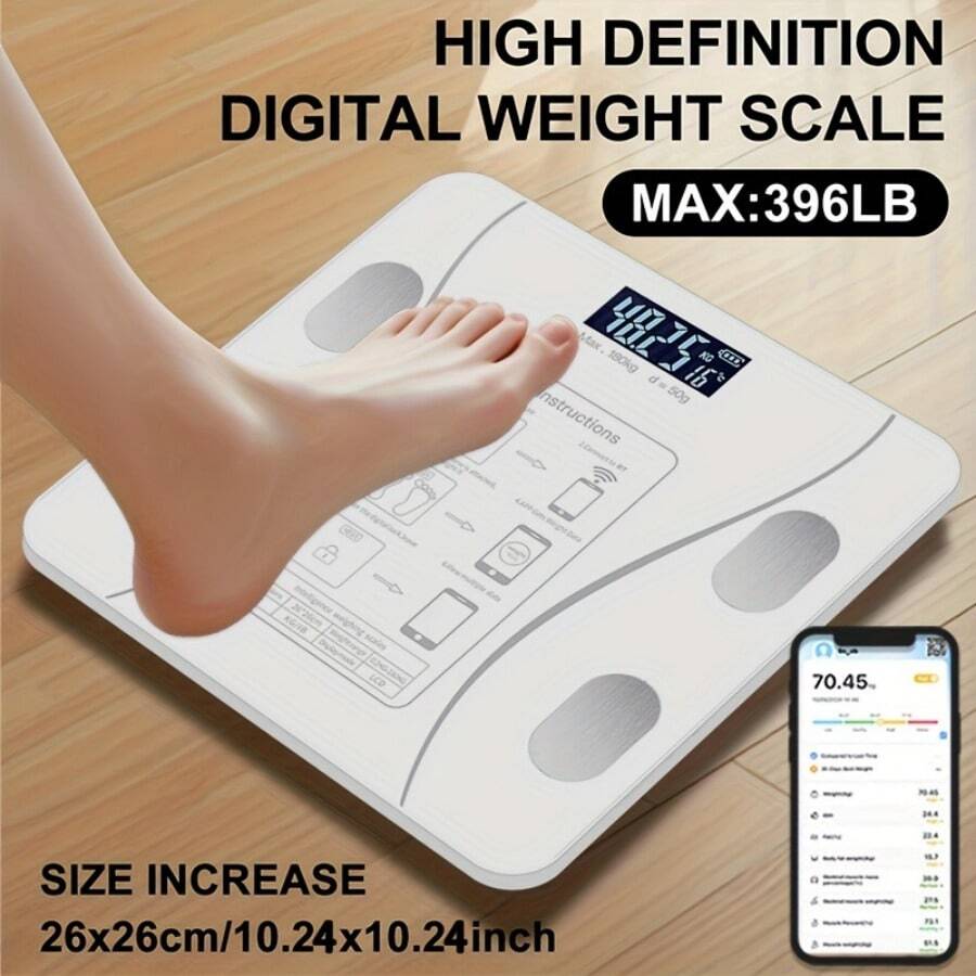 1 pieza Báscula de grasa corporal inteligente, báscula digital inalámbrica para baño con pantalla LED, báscula de peso corporal inteligente, báscula digital, alimentada por batería (pilas AAA no incluidas), analizador de composición corporal, báscula de IMC, aplicación para teléfono inteligente, adecuada para dormitorio, acondicionamiento físico, dispositivo de medición, báscula electrónica, para uso en el hogar, baño, dormitorio