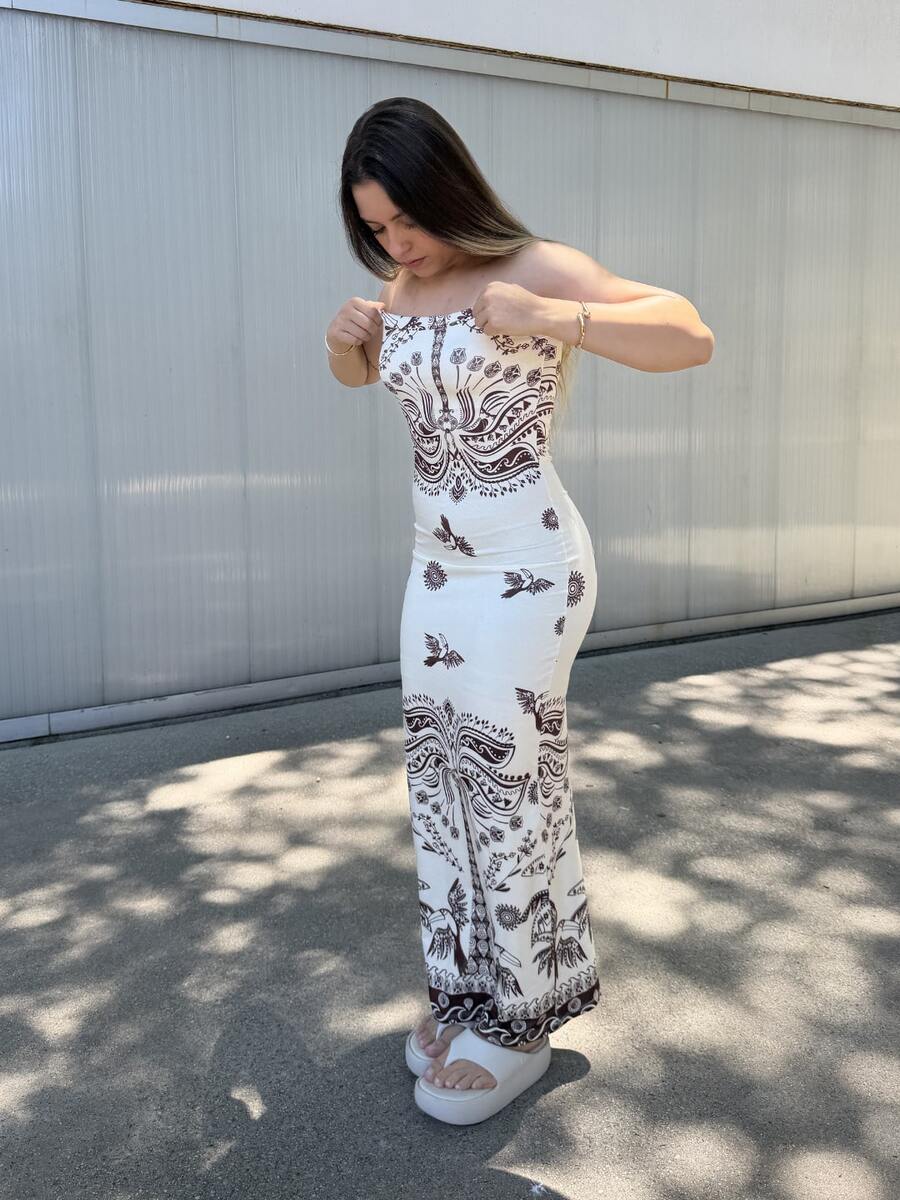 Women's Strapless Long Dress With Print In Premium Supplex Fabric – Perfect Fit, Shapes The Body - 鏽棕色 - 查看 1