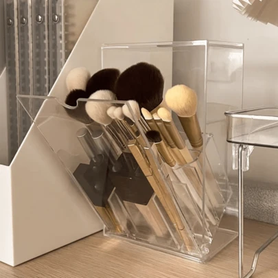 1 PC Clear Acrylic Makeup Brush Holder - Adjustable Cosmetic Organizer For Vanity, Desk Storage Box With Compartments, No-Drill Installation, Design