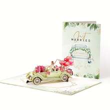 Tarjeta de boda 3D emergente "Recién casados", coche vintage con ilustración acuarela floral y portada con texto dorado, tarjeta de felicitación romántica para la novia y el novio, aniversario, para parejas y recién casados - Verde - Ver 9