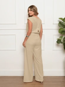 ALETHEIA - Elegant Women's Long Jumpsuit In Dunas Fabric, Wide-Leg Style, Lightweight Drape - Women's Summer Party Jumpsuits - 深米色 - 查看 5