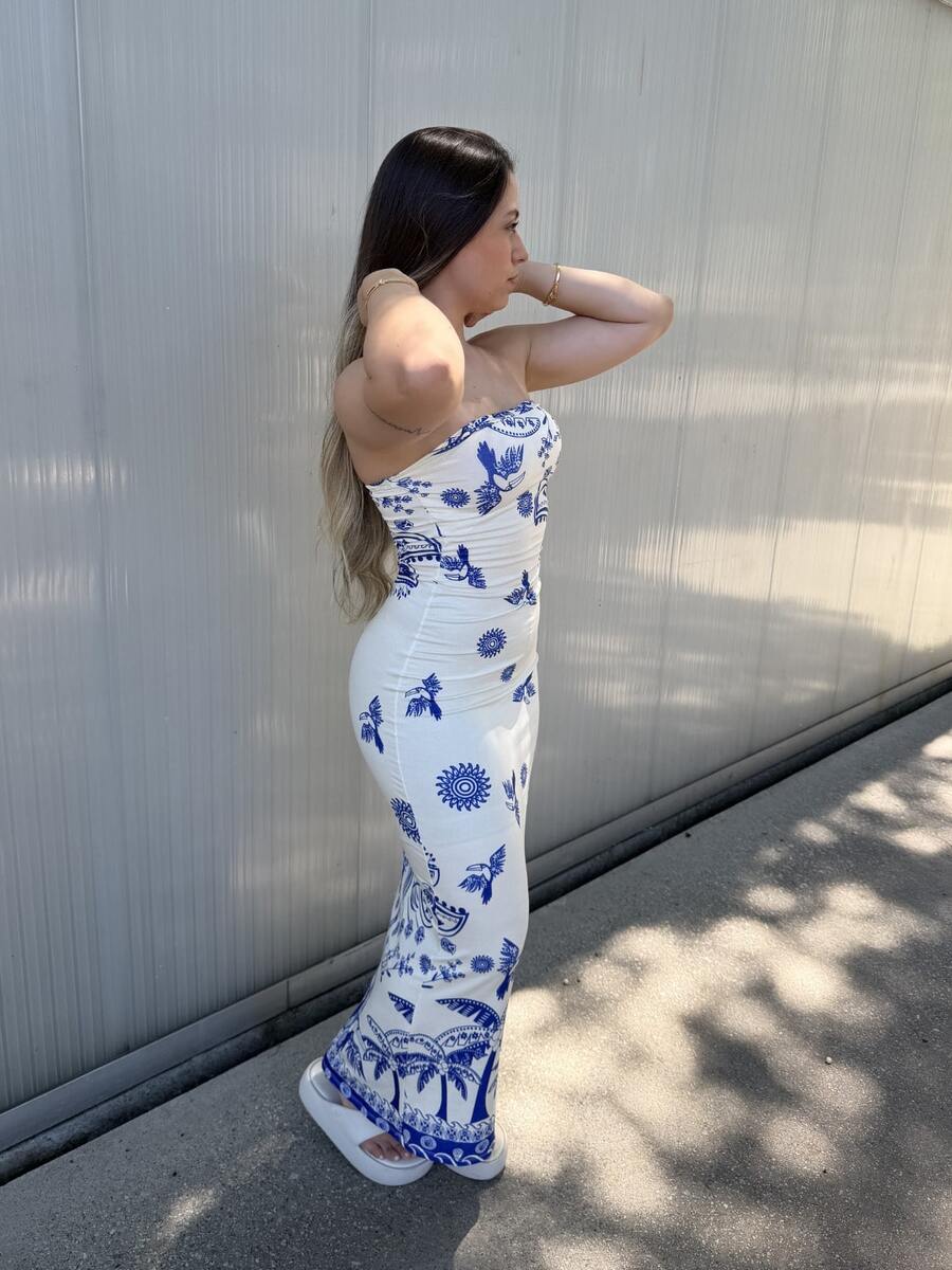 Women's Strapless Long Dress With Print In Premium Supplex Fabric – Perfect Fit, Shapes The Body - 藍色 - 查看 1