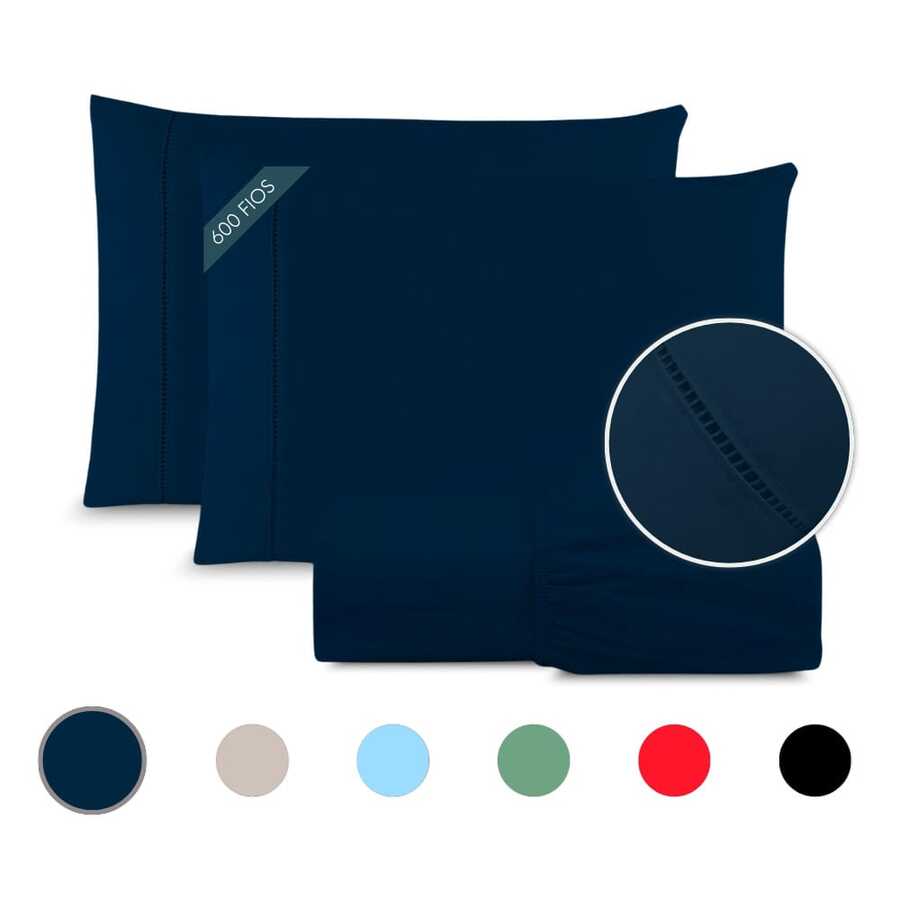 King Size Egyptian Cotton 600 Thread Count 3-Piece Percale Luxury Premium Bedding Set With Pillowcases Featuring Hemstitching And A Super Soft Touch - Màu xanh hải quân - Xem 1