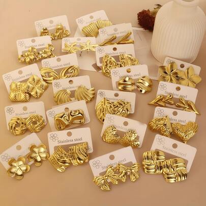 24-Piece Set - (Random Style) Stainless Steel Gold Earrings, Gold Heart/Leaf/Flower Shaped Earrings, Various Styles, Elegant Design, Hypoallergenic Stainless Steel Earring Set, The Perfect Earring Gift For Female Friends.
