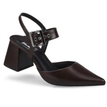 Women's Small Fit Pointed Toe Block Heel Pump With Buckle - Comfortable Dress Shoe 18400 - 咖啡棕 - 查看 1