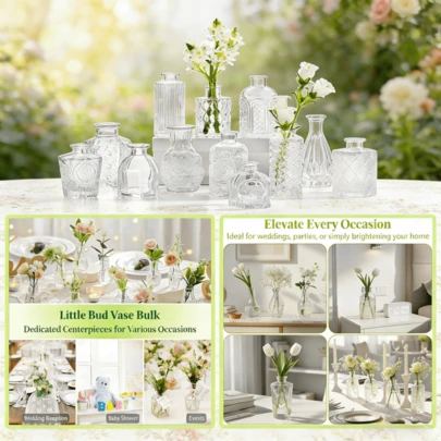 10pcs Bohemian Style Glass Vase Set | Rustic Wedding Mini Vases, Home & Dining Table Decor, Christmas Decorative Bottles, Small Vintage Glass Bud Vases, Bulk Clear Bud Vases, Diffuser Bottles, Centerpiece Decor, Cute Transparent Bud Vases For Home Flowers, Wedding, Room Decor