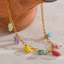 VKHK 1Pc Y2K 18K Gold Plated Stainless Steel Ceramic Starfish Fish Drop Pendant Necklace For Women Fashion Cute Jewelry Gift - Necklace - View 4