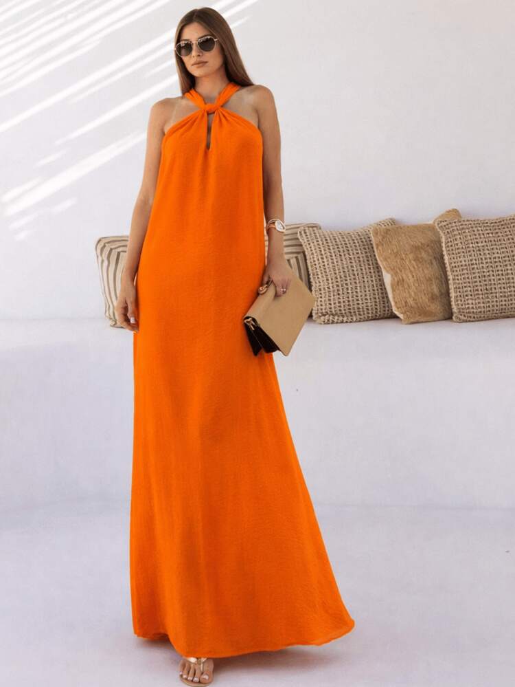 Women's Premium Elegant Long Dress With Cross-Strap Detail, For Casual Chic Parties - 橘色 - 查看 2