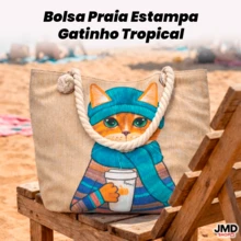 Bolsa de Praia Grande Estampa Tropical Espaçosa e Resistente - Gatinho - Visão 3