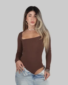 Women's Bodysuit, Shaping Leotard, Second Skin, Long Sleeves, Cold Weather, Square Neckline, Elegant, Casual, Aitona - Rỉ Nâu - Xem 2