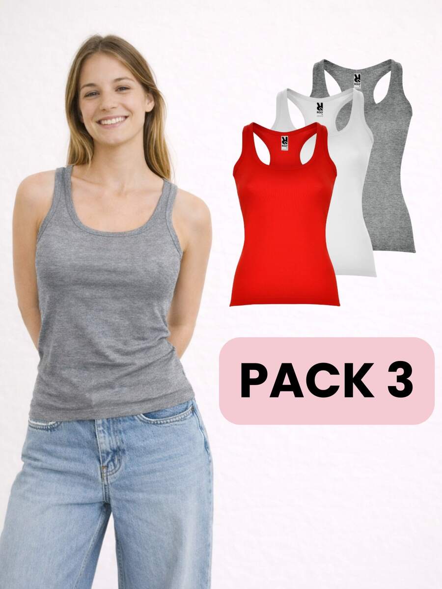 Roly Kit com 3 regatas femininas (envio em 48 horas) – Vários tamanhos e cores – Regata sem mangas, costas nadador, modelagem ajustada, cintura marcada, decote redondo, tecido macio, cor lisa – Estilo casual, ideal para o dia a dia, esportes, trabalho e universidade.