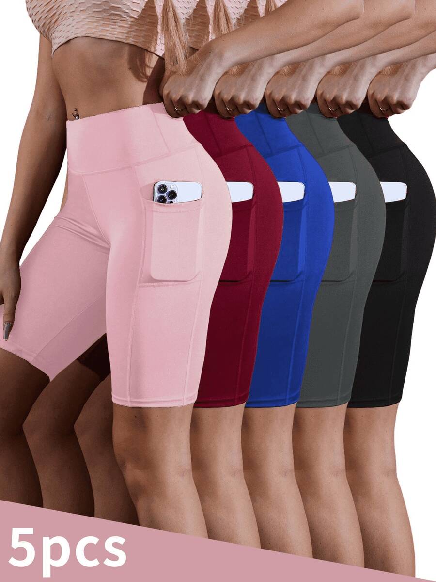 EBIOSVE 5Pcs Women Yoga Shorts With Pockets, High Waist Tummy Control Workout Shorts, Breathable Compression Athletic Shorts For Spring Summer Exercise - 5pcs - View 1