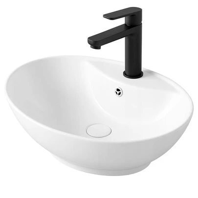 Umywalka Nablatowa Owal Ceramiczna Biała Stawiana Połysk Z Otworem Przelew