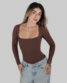 Women's Bodysuit, Shaping Leotard, Second Skin, Long Sleeves, Cold Weather, Square Neckline, Elegant, Casual, Aitona - Rỉ Nâu - Xem 1