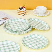 10pcs/20pcs/50pcs Green & White Checkered Floral Shaped Disposable Paper Plates, Party Supplies, Celebration Tableware, Gender Reveal, Birthday Party, Theme Party, Family Picnic Reusable (7inch/9inch) - Multicolor - View 4