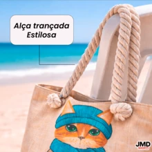 Bolsa de Praia Grande Estampa Tropical Espaçosa e Resistente - Gatinho - Visão 8