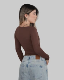 Women's Bodysuit, Shaping Leotard, Second Skin, Long Sleeves, Cold Weather, Square Neckline, Elegant, Casual, Aitona - Rỉ Nâu - Xem 3