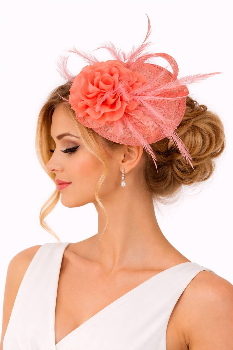 Un tocado  Pluma    Fiesta    Lino  tocado elegante  apto para todo el año - Rosado Sandía - Ver 1