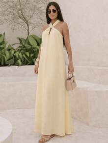Women's Premium Elegant Long Dress With Cross-Strap Detail, For Casual Chic Parties - Yellow - View 2