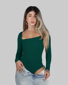 Women's Bodysuit, Shaping Leotard, Second Skin, Long Sleeves, Cold Weather, Square Neckline, Elegant, Casual, Aitona - 墨綠色 - 查看 2