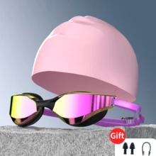 高清透明电镀防雾泳镜，专业训练及比赛泳镜，防水防雾，视野清晰 - 黑色鍍金+泳帽+鼻夾耳塞 - 查看 3