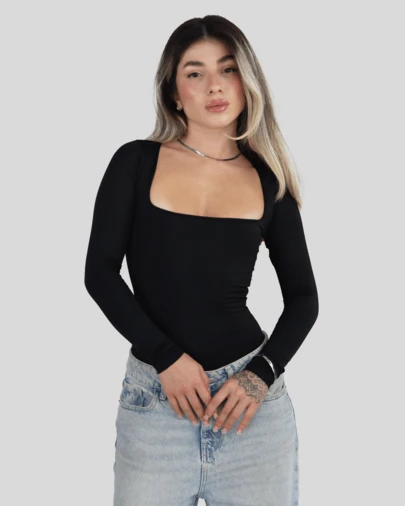 BODY FEMININOS COLLANT MODELADOR SEGUNDA PELE MANGA LONGA FRIO DECOTE QUADRADO ELEGANTE CASUAL AITONA