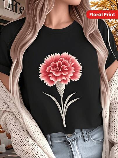 Camiseta de manga corta de punto casual para mujer con cuello redondo y estampado "Fluent in Fowl Language" de longitud regular