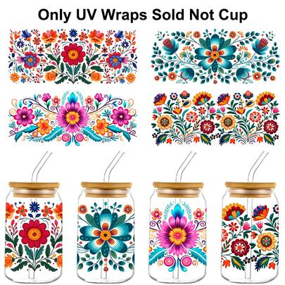 4pcs Bohemian Floral UV Transfer Paper, Vibrant Colors That Won't Fade, Suitable For 16oz Cups, Easy DIY Personalized Cups, Perfect For Easter, Mother's Day, Father's Day, Nurse's Day, Grandparents, Birthday Gifts, Souvenirs