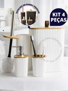 Luxury Square Bathroom Set – Trash Can With Lid, Bamboo Details And Leather Handle - trắng - Xem 1