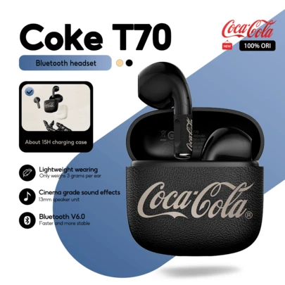 Coca Cola Coca-Cola T70 Retro Beat Bluetooth Earbuds, 13mm Driver, Bluetooth 6.0, Leather Texture, 3g Lightweight, Black/Beige