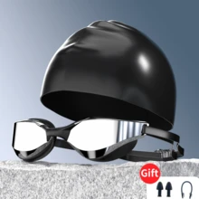 高清透明电镀防雾泳镜，专业训练及比赛泳镜，防水防雾，视野清晰 - 黑色鍍金+泳帽+鼻夾耳塞 - 查看 4