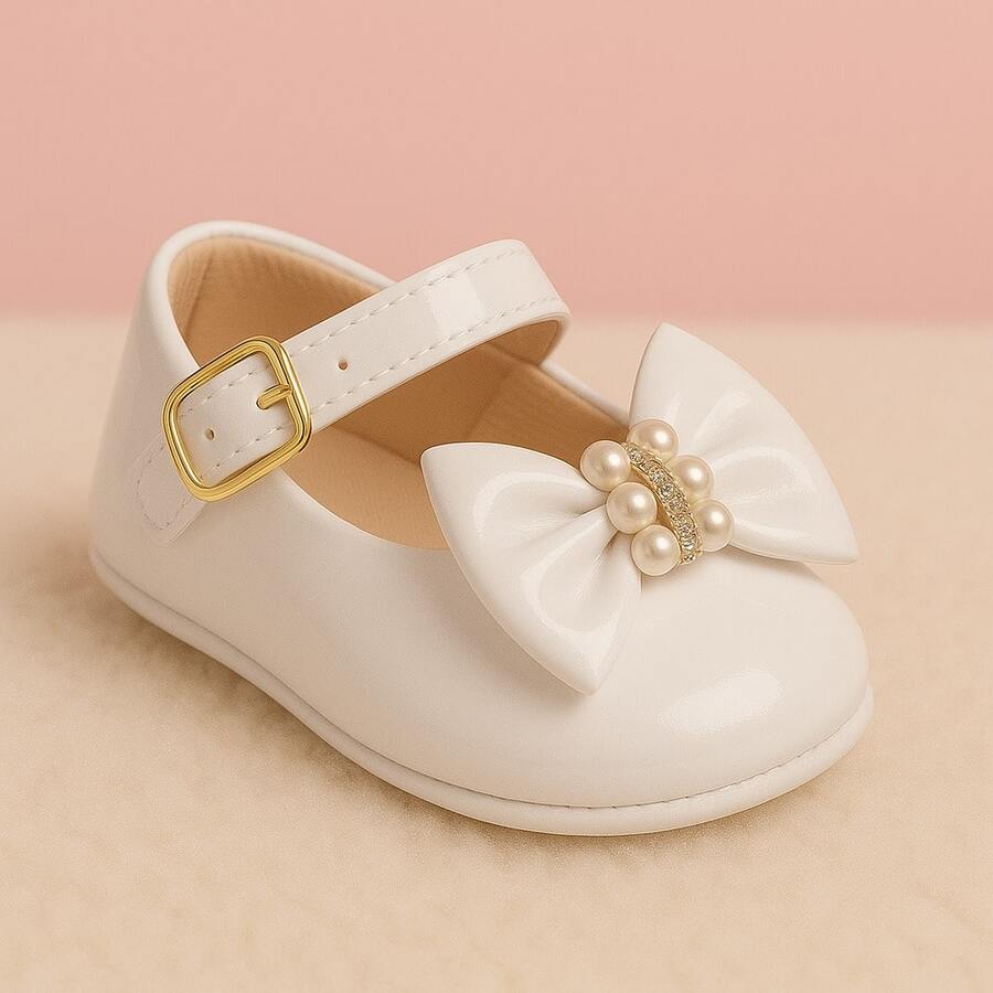 Baby Girl's Patent Leather Ballet Flats With Pearl Bow, Sizes 14 To 19. - 白色 - 查看 1