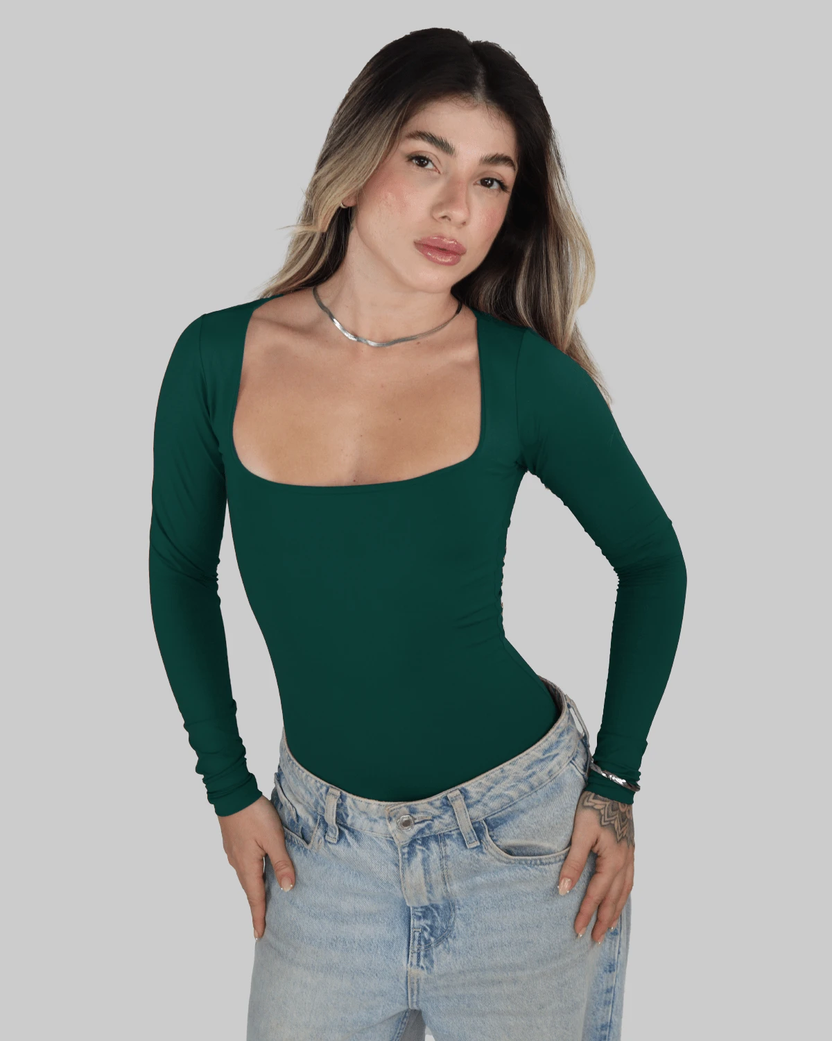 Women's Bodysuit, Shaping Leotard, Second Skin, Long Sleeves, Cold Weather, Square Neckline, Elegant, Casual, Aitona - 墨綠色 - 查看 1