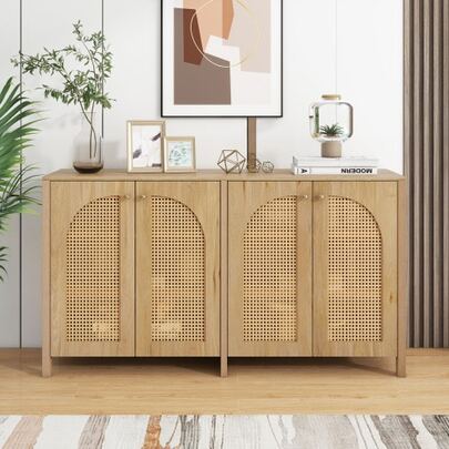 Modern And Minimalist Style Sideboard, Equipped With 4 Rattan Doors And Metal Handles; Sleek Buffet Unit, Ideal For The Restaurant, Living Room Or Kitchen (Natural Wood)