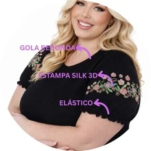 Plus Size Black T-Shirt/Blouse With Floral Silk Screen Print On The Princess Sleeve - 黑色 - 查看 2