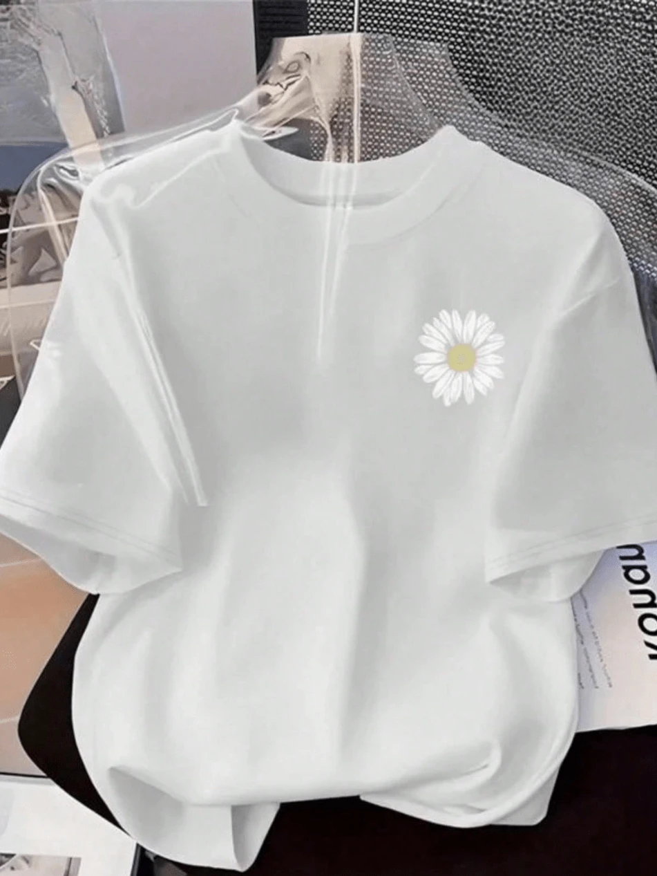 Women's Daisy T-Shirt, 100% Cotton, Premium Comfortable Knit, Short Sleeve, Round Neck Blouse - 白色 - 查看 1