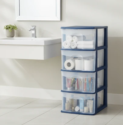 Italhome Cajonera de almacenamiento, ideal para dormitorio, oficina, cocina, baño, lavandería, Organizador de plástico con 4 cajones transparentes, cajonera de color azul