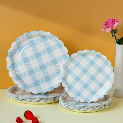 10 piezas/20 piezas/50 piezas Platos de papel desechables con forma de flor a cuadros azules y blancos, suministros para fiestas, vajilla para celebraciones, revelación de género, fiesta de cumpleaños, fiesta temática, picnic familiar reutilizable (7 pulgadas/9 pulgadas)