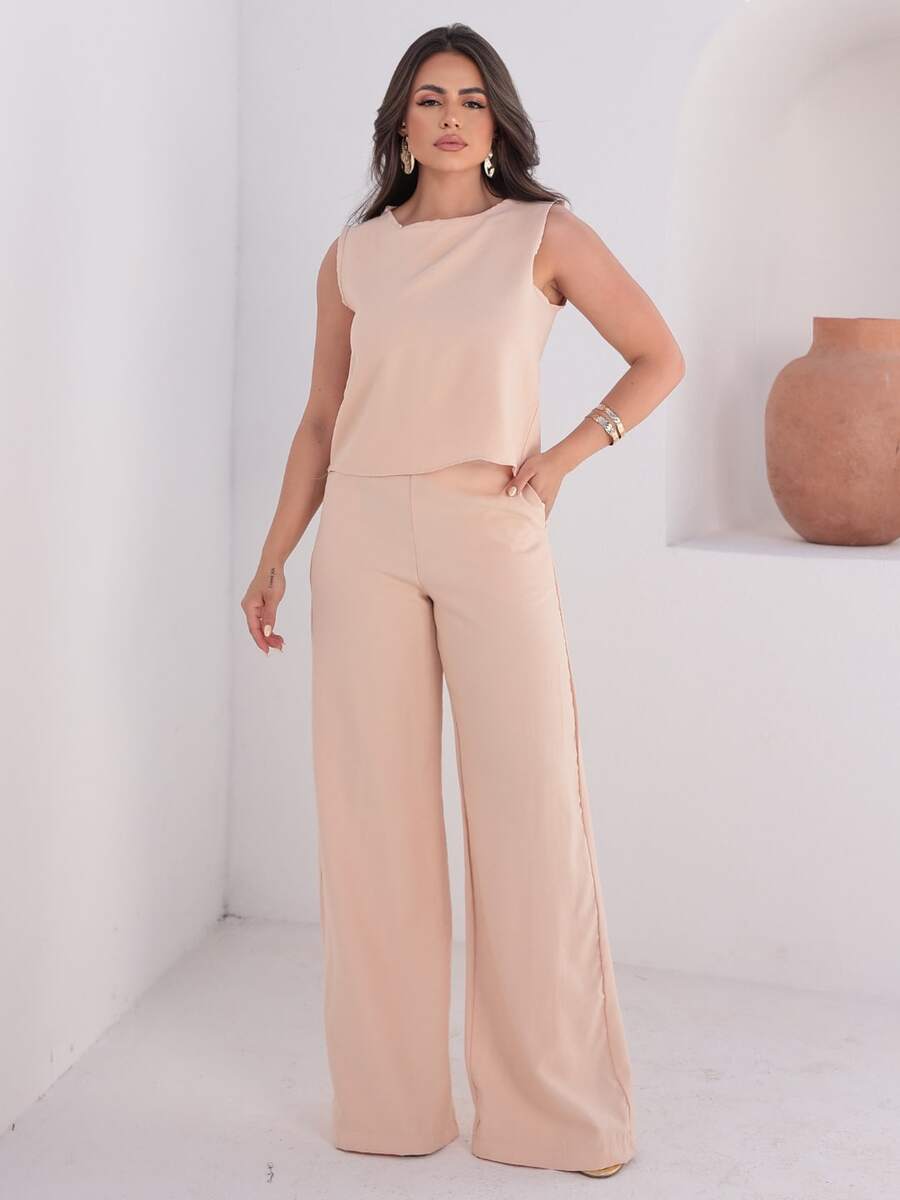 Women's Tailored Casual Basic 2-Piece Shorts And Tank Top Set - Elegant Linen Blouse And Shorts - Summer - 米色 - 查看 1