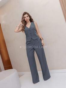 SAKURA LADY FASHION [G1-44][G2-46][G3-48] Women's Set, 2 Pieces, Vest With Buttons And Faux Pocket, Louis Twill Fabric, Luxury Set Vest And Wide-Leg Pants, Chic Striped Set, Casual Suit, Elegant Look, Formal Wear, Set For Events, Refined Look, Modern Suit, Stylish Suit, Sophisticated Women's Clothing, Lightweight Tailoring, Comfort And Elegance, Party Set, Women's Vest, Comfortable Pants, Urban Women's Look, Ideal For Work, Perfectly Fitting Clothing, Versatile Set, Suit With Personality, Casual Women's Fashion, Practical And Elegant Style, Summer Look, Sweet, Cute, Best Quality, Christmas Women's Clothing - 深灰色 - 查看 2